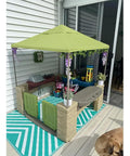 All Around Playtime Patio Canopy Replacement For Outdoor Play Kitchen Playset, green polyester shade over playhouse area.