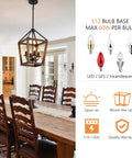 Dining room with Rustic Farmhouse 4 Light Pendant Chandelier With Imitation Oak Wood Grain, open cage style hanging over table.
