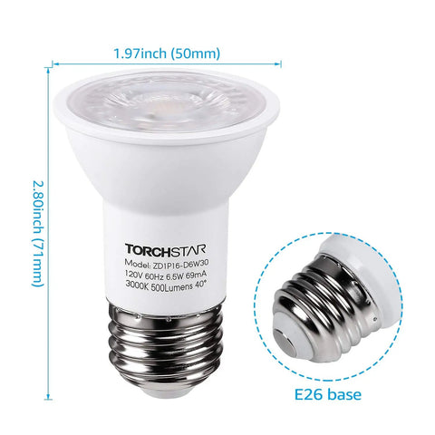 Par16 LED Track Lighting Bulbs 6 Pack Dimmable 500 Lumen 40 Degree Beam Damp Rated Warm White 3000K E26 Base dimensions