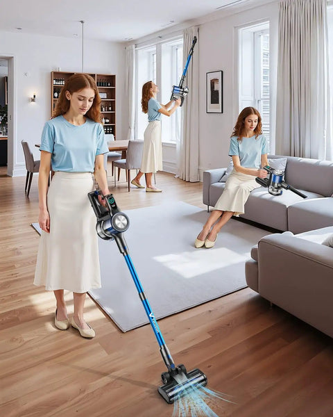 8 In 1 Cordless Stick Vacuum With 3 Suction Modes, Up To 45 Minutes Runtime, demonstrating use on hardwood floors and furniture