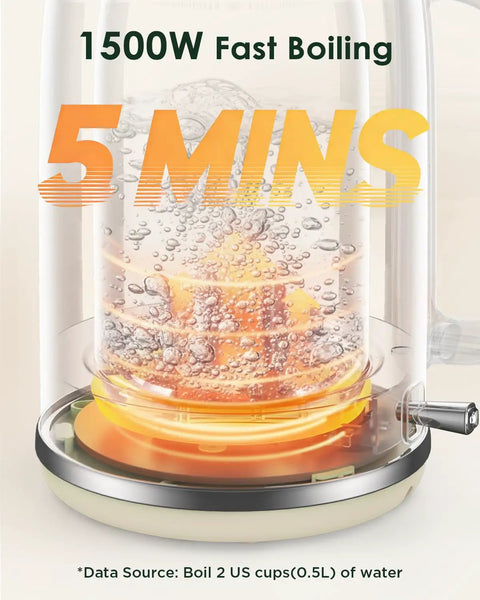Boiling water in 1.8L Electric Kettle With Temperature Gauge, 1500W Fast Boil, retro style, LED light, rapid heating shown