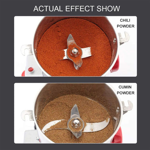 Top view of 700G High Speed Electric Spice And Grain Grinder Mill with ground chili and cumin powder, showing blade and grinding effect.