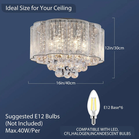 Crystal Raindrop Drum Chandelier Light Flush Mount LED Ceiling Fixture For Dining Room Living Room Bedroom Bathroom 16 Inch Diameter 12 Inch Height Requires 6 E12 Bulbs