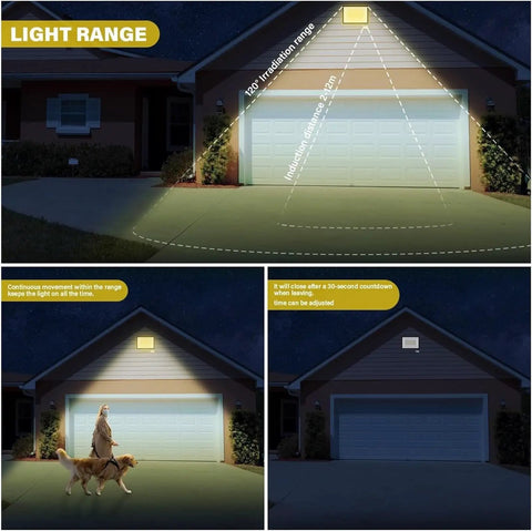 JUDYSSY Security Lights Induction Led Flood Light with Adjustable Pir Sensor, Warm,150W, Nature-10W showing 120° irradiation range and sensor features.