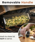 Two Pack Rolling Grill Basket For Even Cooking With Lid And Removable Wooden Handle shown grilling vegetables on BBQ.