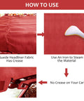 Red suede headliner fabric with foam backing laid flat for car replacement (front view)
Side view of red suede headliner fabric being steamed with an iron to remove creases
Close-up of red suede headliner fabric texture with foam backing
Car interior roof with red suede headliner fabric installed