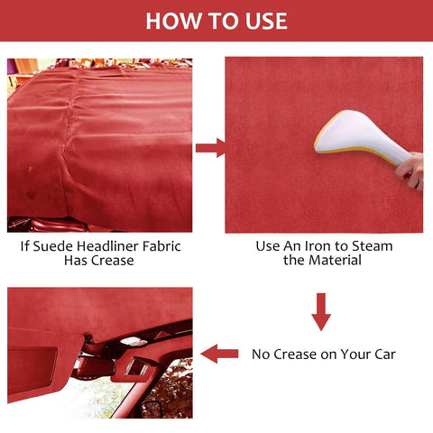 Red suede headliner fabric with foam backing laid flat for car replacement (front view)
Side view of red suede headliner fabric being steamed with an iron to remove creases
Close-up of red suede headliner fabric texture with foam backing
Car interior roof with red suede headliner fabric installed