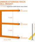 Wall Mounted Lumber Storage Rack With Six Tier System, Orange rack dimensions and load capacity details, 3 expansion shelves.