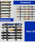 Get Your Shred Stacks Right With This Rad 6 Tier Skateboard Wall Mount Rack Cuts The Clutter By Keeping Boards Off The Floor Holds Up To Six Decks With Secure Install displaying skateboards, snowboards, and water skis.