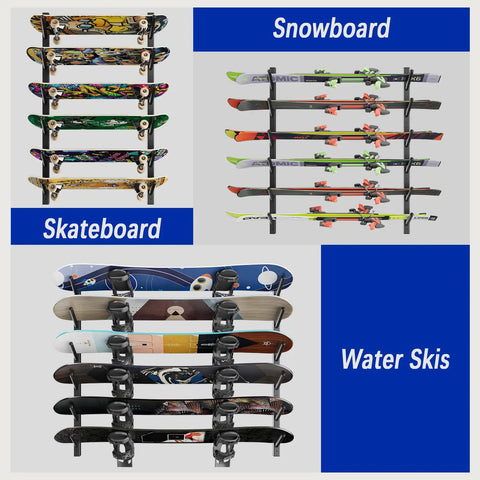Get Your Shred Stacks Right With This Rad 6 Tier Skateboard Wall Mount Rack Cuts The Clutter By Keeping Boards Off The Floor Holds Up To Six Decks With Secure Install displaying skateboards, snowboards, and water skis.