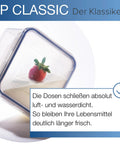 8 Cup Airtight Pantry Storage Rectangle Container Bpa Free Smart Kitchen Organizer Patented Hinge Lock with a strawberry inside.