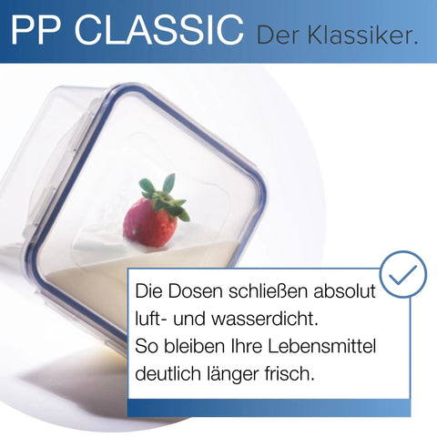 8 Cup Airtight Pantry Storage Rectangle Container Bpa Free Smart Kitchen Organizer Patented Hinge Lock with a strawberry inside.