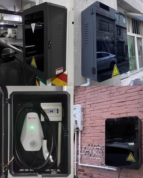 Top Shelf Outdoor EV Charger Pedestal With Keypad Lock For Tesla Model Y Heavy Duty Cable Station Box mounted in various settings.
