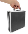 Hand holding a compact premium aluminum tool box featuring heavy duty build and secure snap lock cover.