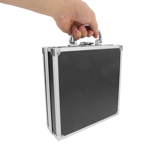 Hand holding a compact premium aluminum tool box featuring heavy duty build and secure snap lock cover.