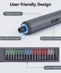 Compact Pen Shaped Cordless Electric Screwdriver Kit Packing 52 Magnetic Bits And Bright Led Lamp ergonomic grip and magnetic bits.