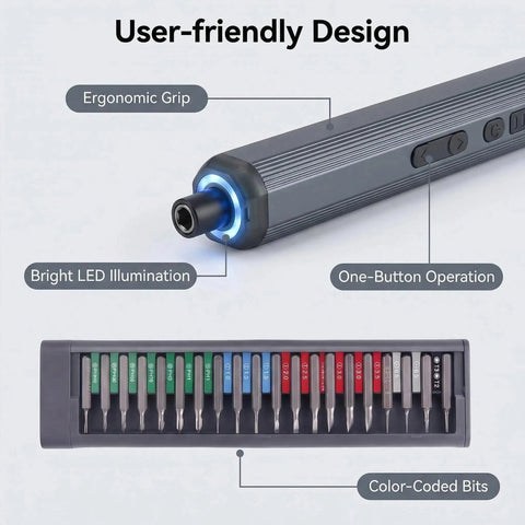 Compact Pen Shaped Cordless Electric Screwdriver Kit Packing 52 Magnetic Bits And Bright Led Lamp ergonomic grip and magnetic bits.