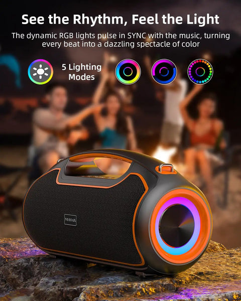 Portable Bluetooth Speaker For Outdoors With 200W Max Power And 120W Peak Output Deep Bass IP65 Waterproof BT5.4 USB C RGB Lights