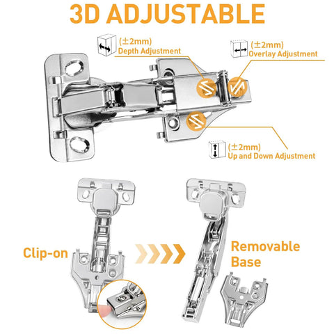 3D Adjustable Heavy Duty 175 Degree Face Frame Cabinet Hinges for Full Overlay Kitchen Doors with clip-on design.