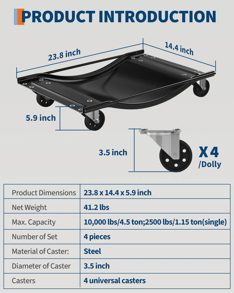 Set Of 4 Badass Car Dollies With 10000 Pounds Capacity And 3.5 Inch Solid Steel Wheels, showing dimensions and specifications.