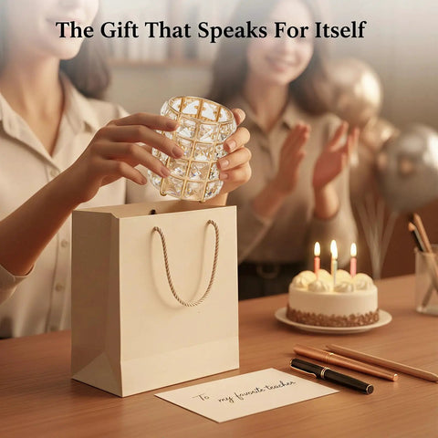 Crystal Pen Holder For Desk With Gold And Silver Metal Base being gifted at a celebration, showcased with gift bag and cake