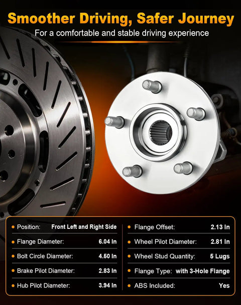 Front Wheel Hub And Bearing Assembly 5 Lug Abs Built Rock Hard For Jeep Cherokee showing front left and right side specifications and features.