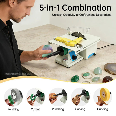 Slick 5 in 1 Bench Grinder Lapidary Machine With 750W Variable Speed Flexible Shaft showcasing polishing and grinding jade and agate.