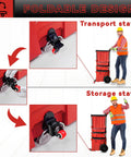 Packout Front Wheel Caster Kit For Milwaukee Packout Heavy Duty 200 Lb Capacity Steel Construction For Rolling Tool Box Flip Up Caster Wheel With Swivel Ball Bearings For Smooth Navigation And Reduced Strain shown in transport and storage status with a worker.