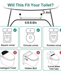 Image guide showing fitting compatibility for Rock Solid White Toilet Safety Rails With Heavy Duty Non Slip Handles for various urinal types.