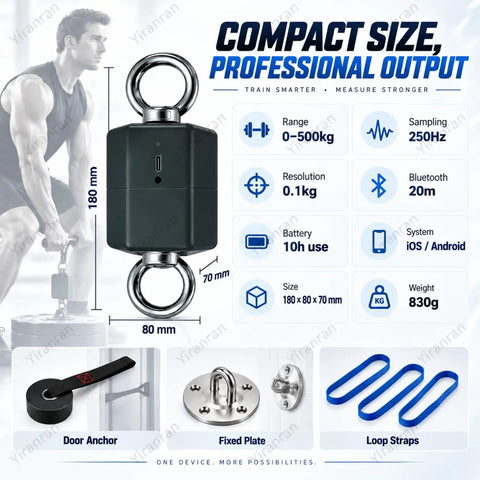 Pro Isometric Strength Tester Push Pull Dynamometer With 250Hz Cordless Data Tracking showing compact size and attachments.