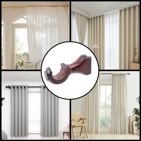 Four Pack Wood Curtain Rod Brackets With Return Ends For 1-2/5 Inch Curtain Rods Wall Mount Brown Finish surrounded by curtain examples.