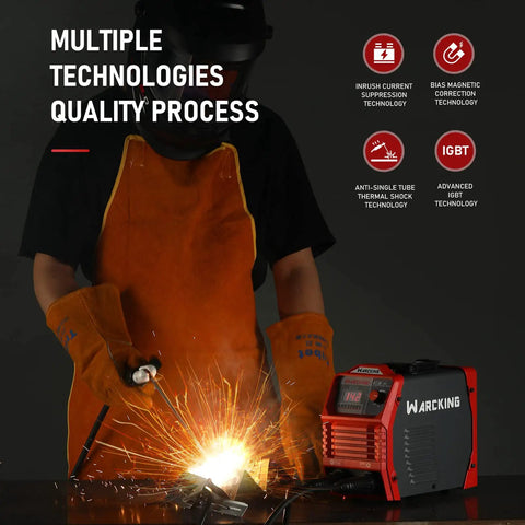 Person welding with 190 Amp Dual Voltage Digital Stick Welder For Home DIY And Professional Projects, orange apron.