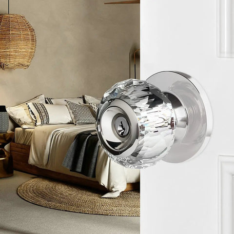 Crystal Door Knobs With Lock And Keys, 6 Pack Keyed Alike Glass Door Knob Set In Satin Nickel on bedroom door