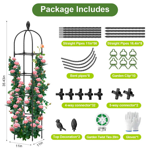 Package contents for 2 Pack Garden Obelisk Trellis For Climbing Vines Adjustable 35 To 70 Inch Plant Support with accessories