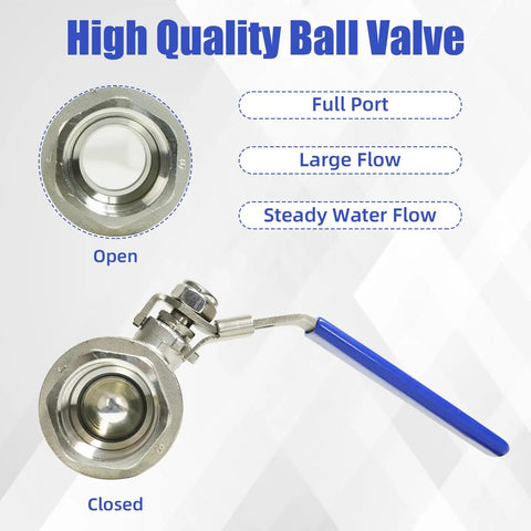 High quality open and closed view of Four Pack Three Quarter Inch Full Port Ball Valve Set In 304 Stainless Steel NPT Female Heavy Duty