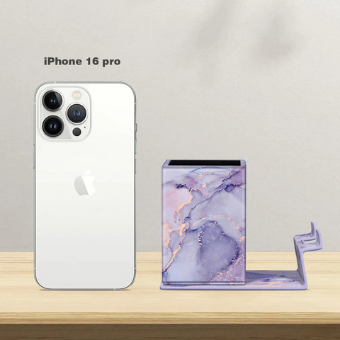 Pencil Holder With Phone Stand And Eyeglasses Organizer Desktop Desk Or Nightstand Organizer In Lilac Marble next to iPhone 16 Pro