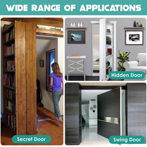 Heavy Duty Hidden Pivot Hinges For Secret Doors Premium Stainless Steel Corrosion Resistant 360 Degree Rotation Invisible Door Hardware in use as hidden and swing doors.