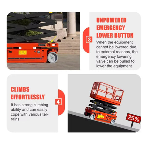 Heavy Duty Hydraulic Scissor Lift Platform With Rock Solid Stabilized Base Smooth Operation For Warehouse Stacking And Electrical Gig Work showing emergency lower button and climbing capabilities.