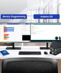 Computer screens displaying blockly and Arduino IDE with Ultimate ESP32 Weather Station Kit For IoT Nerds on desk.