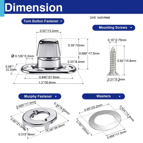 Whopping Ten Pack Heavy Duty Zinc Alloy Twist Lock Fasteners dimensions showing sizes of turn buttons, screws, and washers.