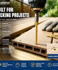 Multi Size Deck Screws Assortment Kit 490 Piece Set being used for decking in outdoor wood projects with drill and glove