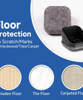 Five Pack Office Chair Caster Pads with Felt Backing for Scratch Prevention and Quiet Rolling, shown on various floor surfaces