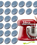 Self Adhesive Appliance Sliders 24 Pack next to a red mixer, demonstrating smooth movement and easy cleaning.