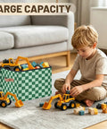 Keeping Your Setup Clean With This Dope Green Checkered Fabric Storage Bin Featuring A Zipper Lid Stackable Foldable Closet Nursery Organizers Large Capacity Toy Trunk Box Bedroom Bathroom Vibe with toys and blocks.