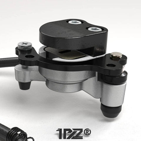 Close-up of upgraded hydraulic brake master cylinder caliper with 51 inch hose for 79cc and 97cc mini bikes and go-karts