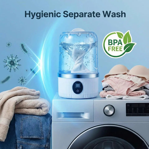 Hella Compact Portable Mini Washer For Underwear And Socks With Cordless Rechargeable Design For Travel Dorm And RV Use, featuring water and laundry.