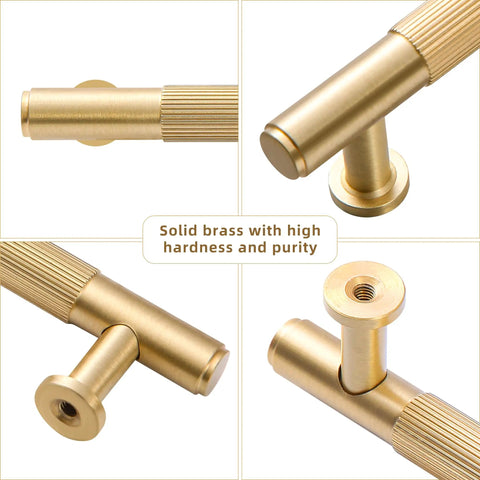 Top Shelf Solid Brass Cabinet Pulls Featuring Slick Brushed Gold Finish showcasing detailed hardware angles and solid brass design.