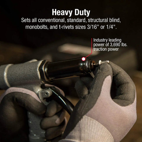 Close-up of Heavy Duty Rivet Gun Packing 3690 Lbs Of Raw Pulling Power with gloves holding a rivet.