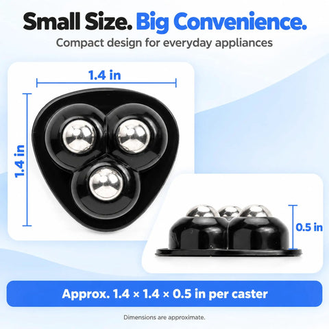 Close-up of 12 Piece Self Adhesive Appliance Sliders Smooth As Butter Casters measuring 1.4 x 1.4 x 0.5 inches, showcasing compact design.