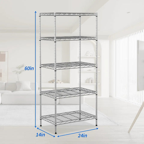 Heavy Duty Five Tier Wire Shelving Unit Rock Solid Chrome Metal Storage Rack With Quick Adjustable Levels Zero Fuss Assembly For Kitchen Garage Pantry Bathroom, dimensions 60x14x24 in